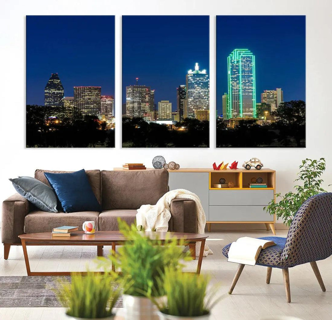 Dallas City Night Blue Skyline Cityscape Framed Wall Art Canvas Print