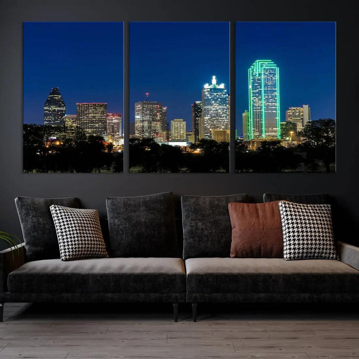 Dallas City Night Blue Skyline Cityscape Framed Wall Art Canvas Print