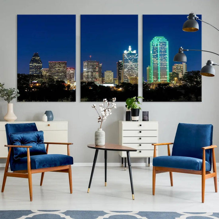 Dallas City Night Blue Skyline Cityscape Framed Wall Art Canvas Print