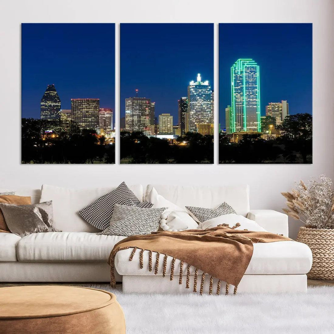 Dallas City Night Blue Skyline Cityscape Framed Wall Art Canvas Print