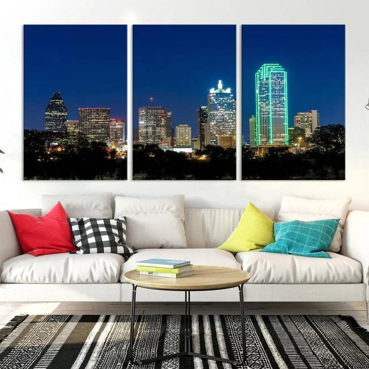 Dallas City Night Blue Skyline Cityscape Framed Wall Art Canvas Print