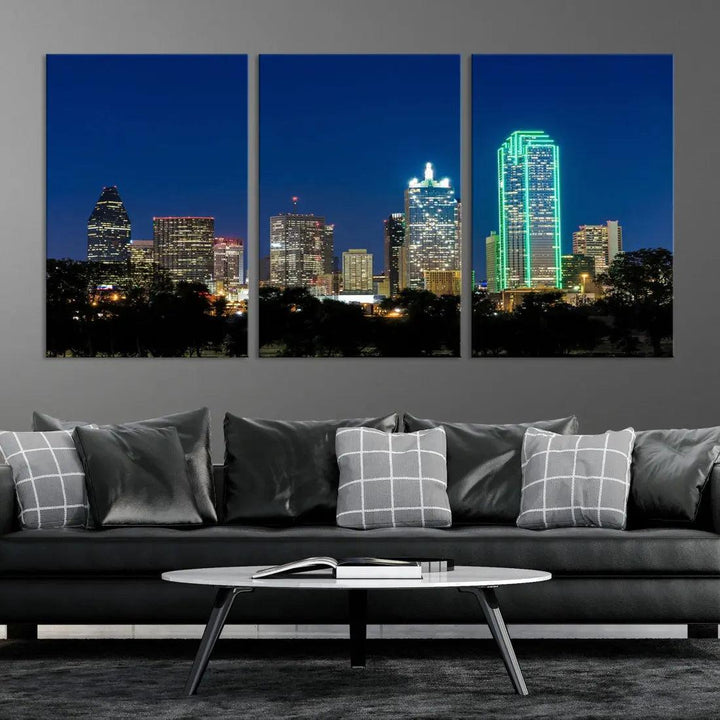 Dallas City Night Blue Skyline Cityscape Framed Wall Art Canvas Print