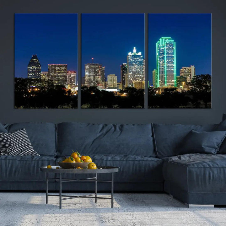 Dallas City Night Blue Skyline Cityscape Framed Wall Art Canvas Print