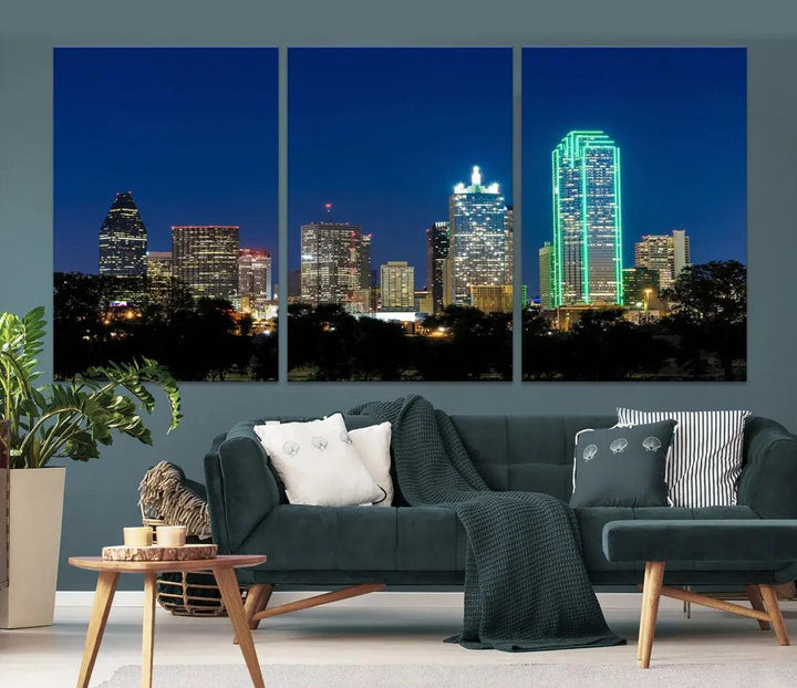 Dallas City Night Blue Skyline Cityscape Framed Wall Art Canvas Print