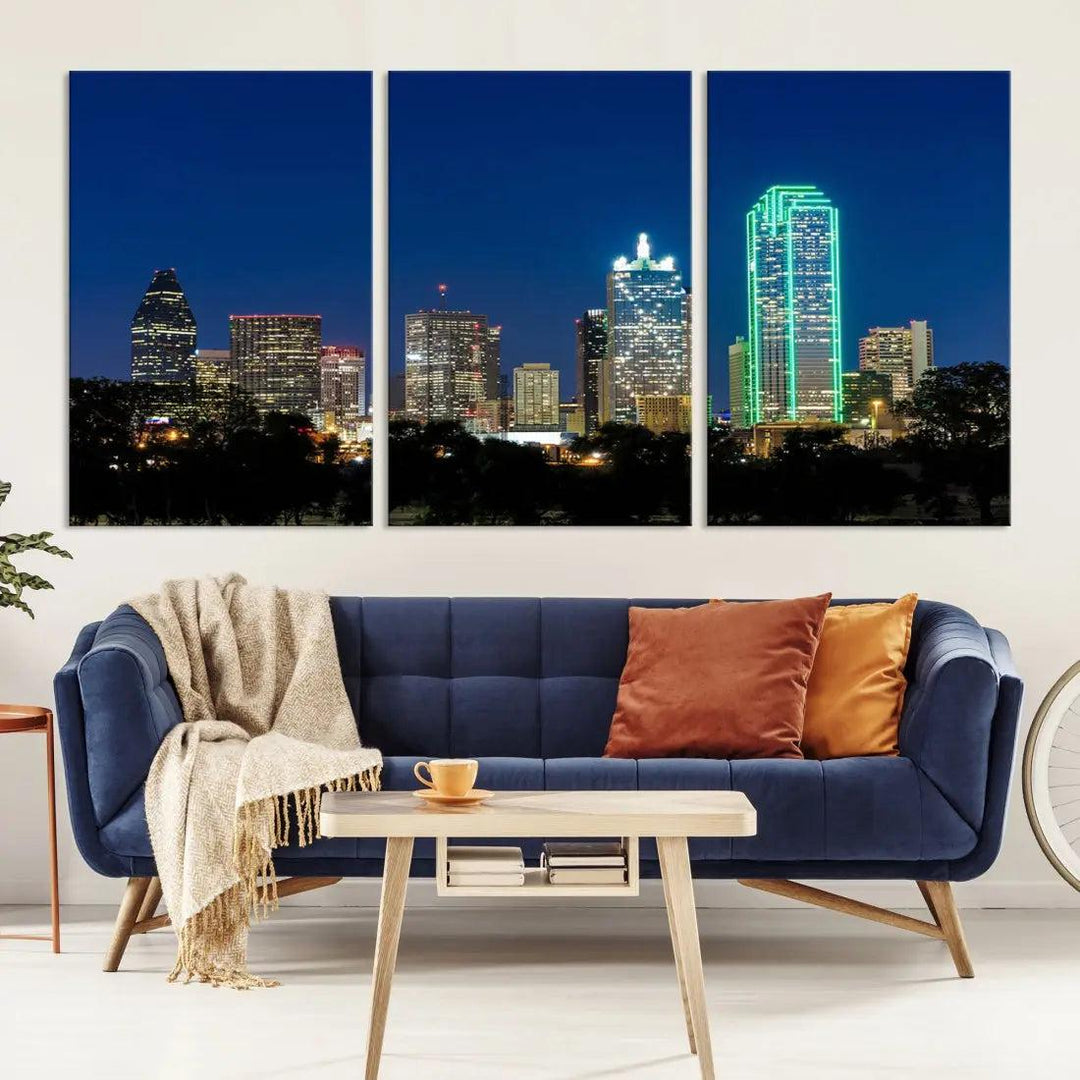 Dallas City Night Blue Skyline Cityscape Framed Wall Art Canvas Print