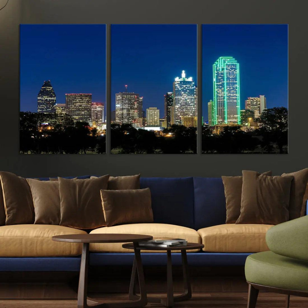 Dallas City Night Blue Skyline Cityscape Framed Wall Art Canvas Print