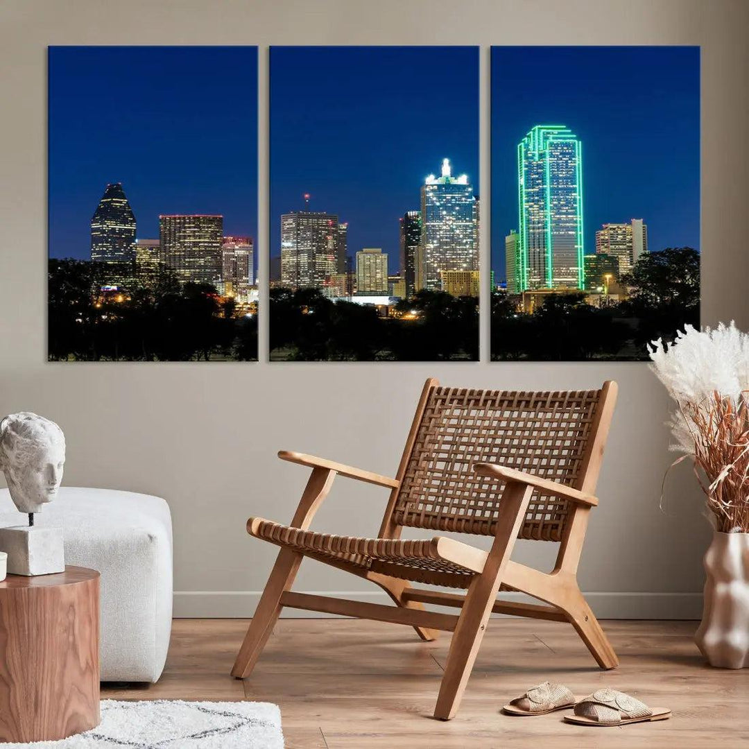 Dallas City Night Blue Skyline Cityscape Framed Wall Art Canvas Print