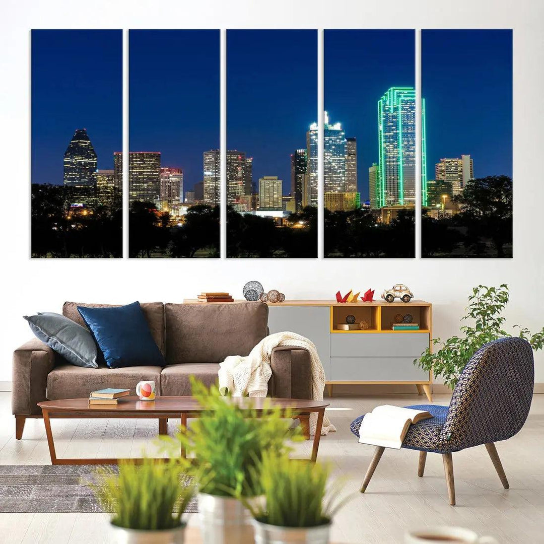 Dallas City Night Blue Skyline Cityscape Framed Wall Art Canvas Print