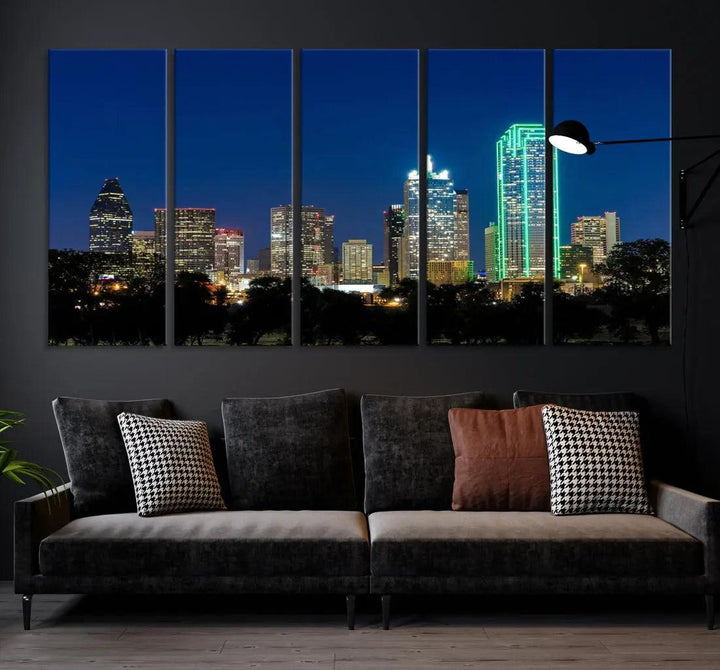 Dallas City Night Blue Skyline Cityscape Framed Wall Art Canvas Print