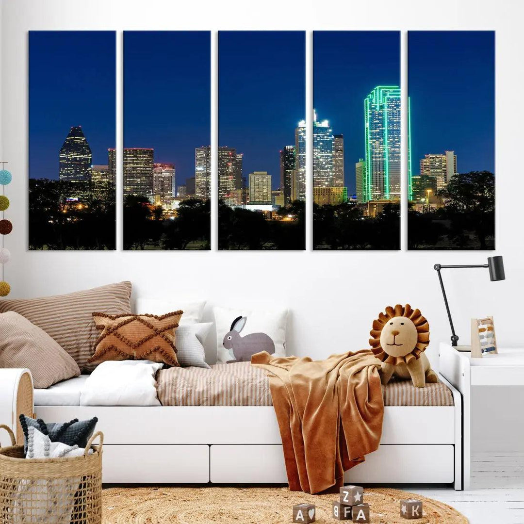 Dallas City Night Blue Skyline Cityscape Framed Wall Art Canvas Print