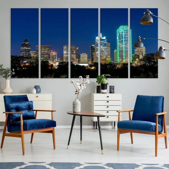 Dallas City Night Blue Skyline Cityscape Framed Wall Art Canvas Print