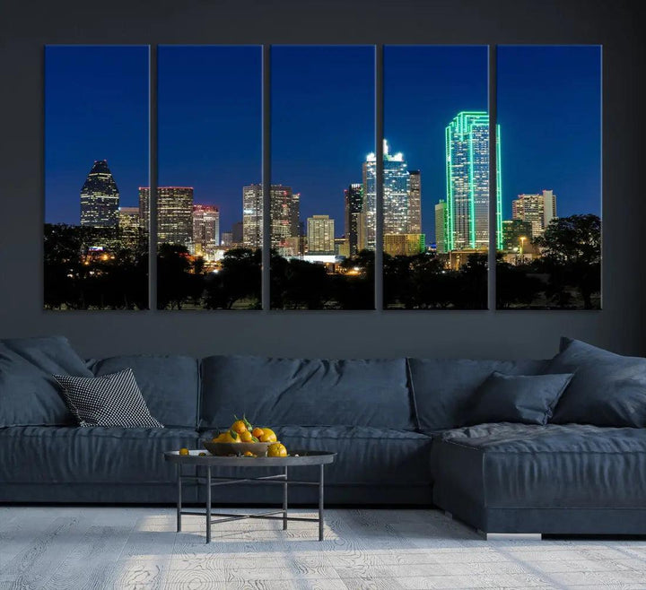 Dallas City Night Blue Skyline Cityscape Framed Wall Art Canvas Print