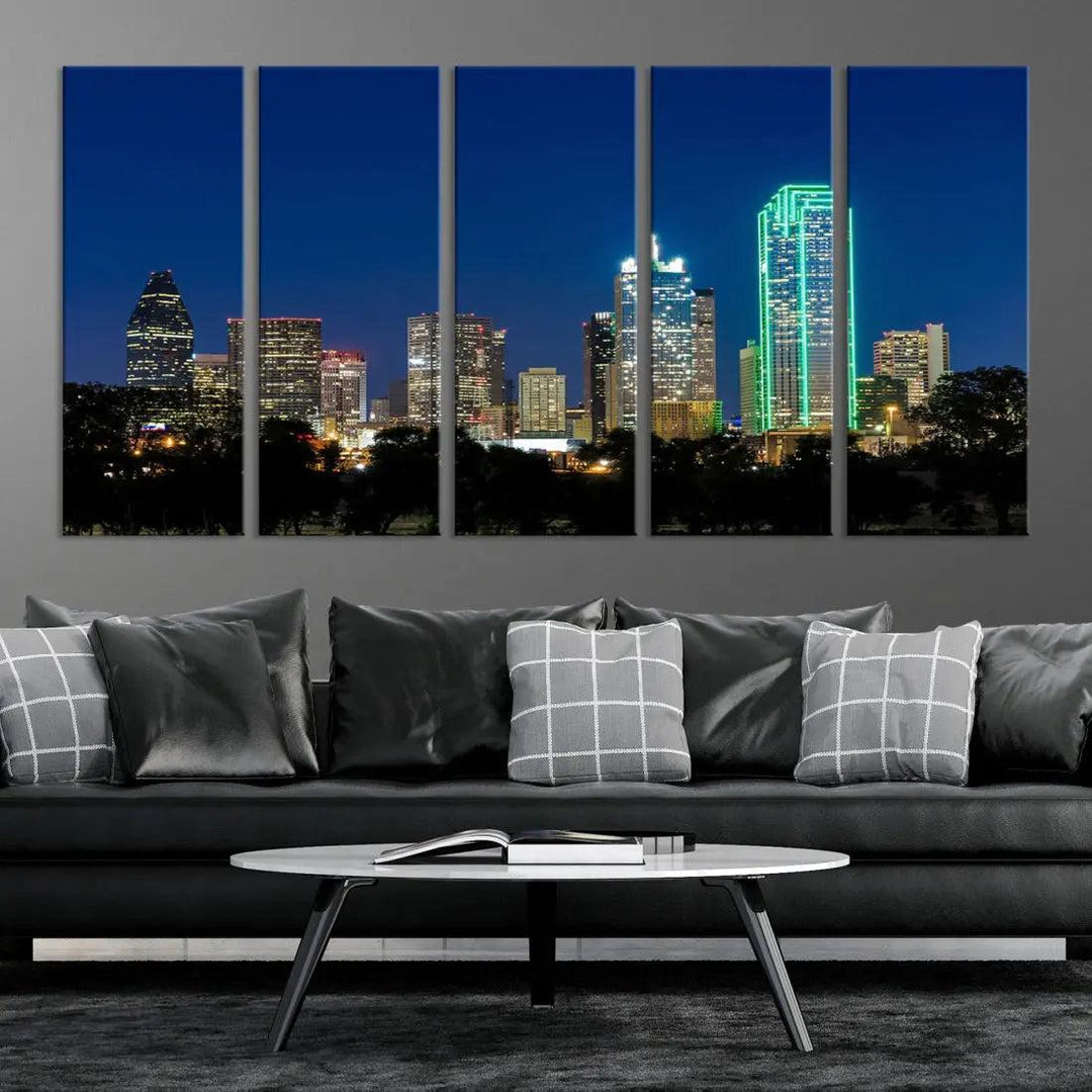 Dallas City Night Blue Skyline Cityscape Framed Wall Art Canvas Print