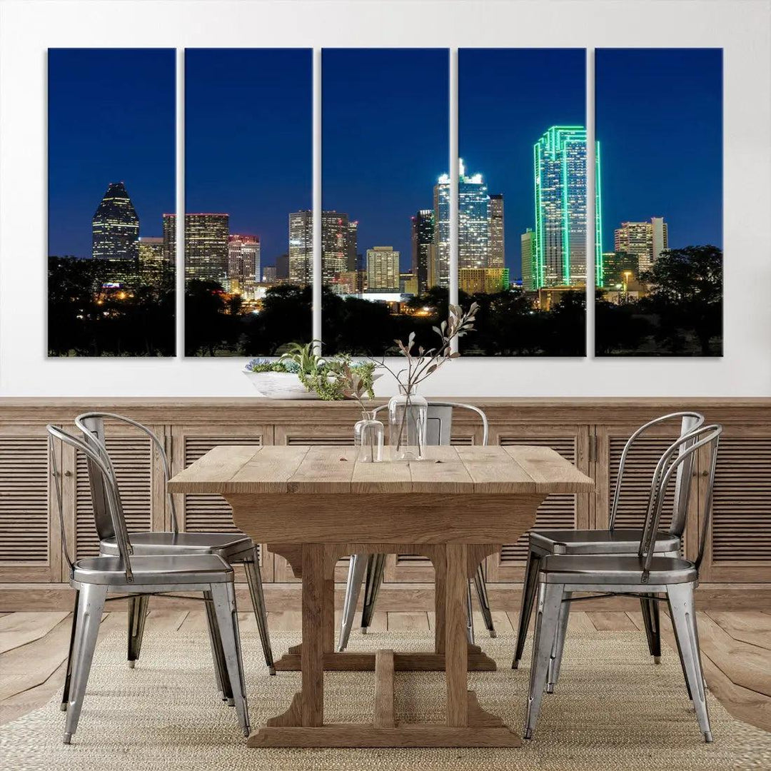 Dallas City Night Blue Skyline Cityscape Framed Wall Art Canvas Print