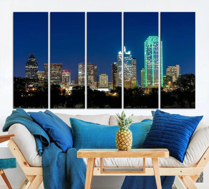 Dallas City Night Blue Skyline Cityscape Framed Wall Art Canvas Print