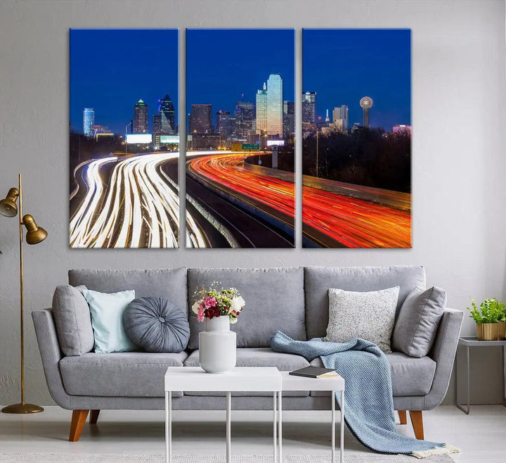 Dallas City Street Lights Cityscape Canvas Wall Art Framed Print