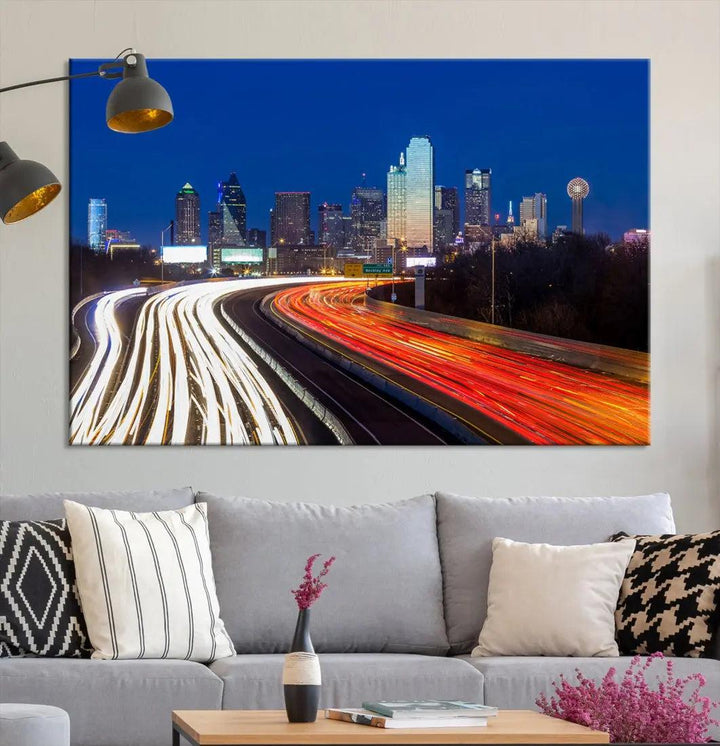 Dallas City Street Lights Cityscape Canvas Wall Art Framed Print