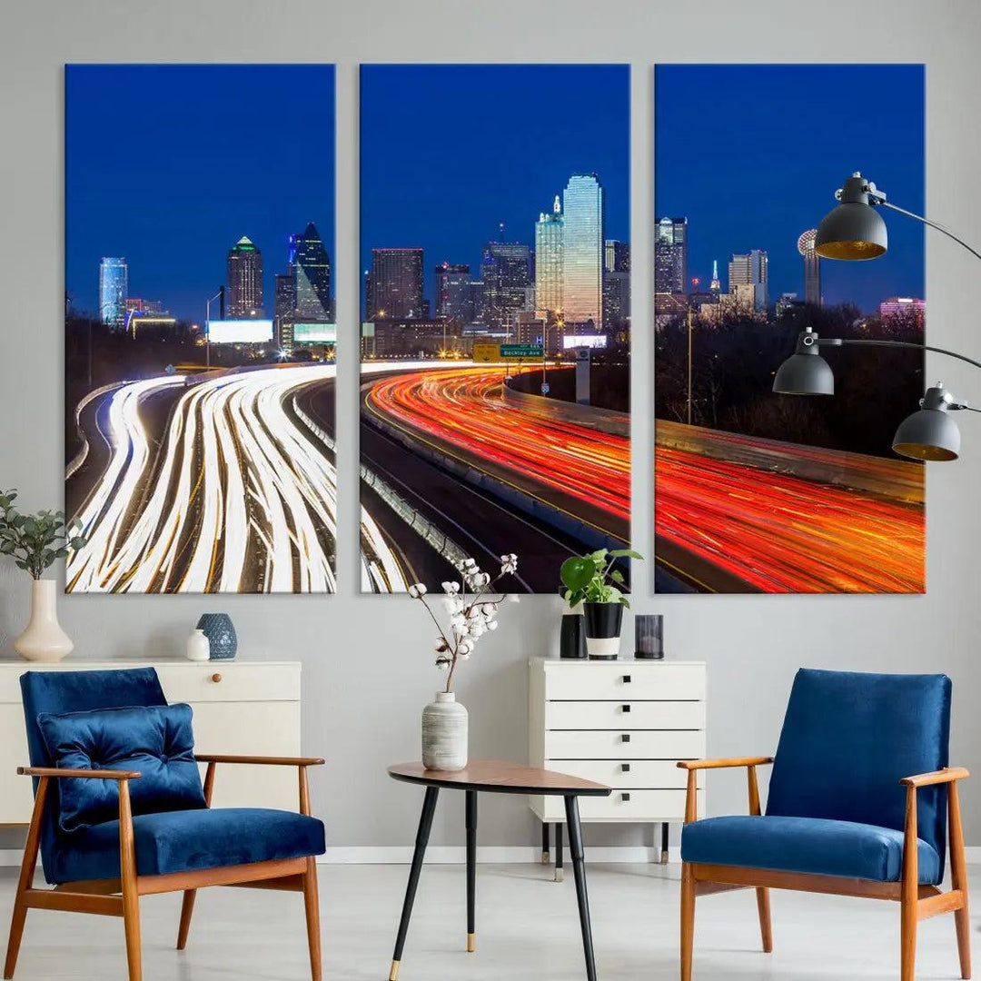 Dallas City Street Lights Cityscape Canvas Wall Art Framed Print