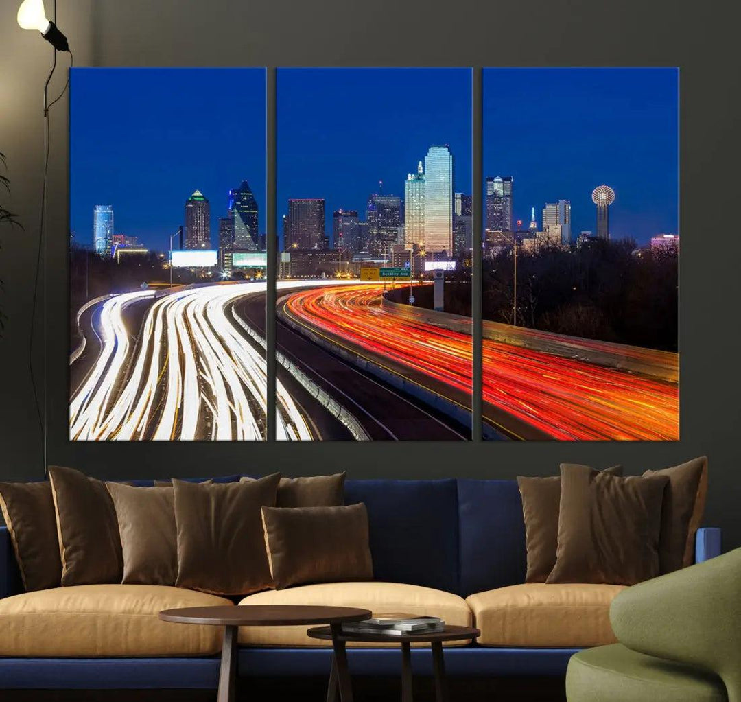 Dallas City Street Lights Cityscape Canvas Wall Art Framed Print