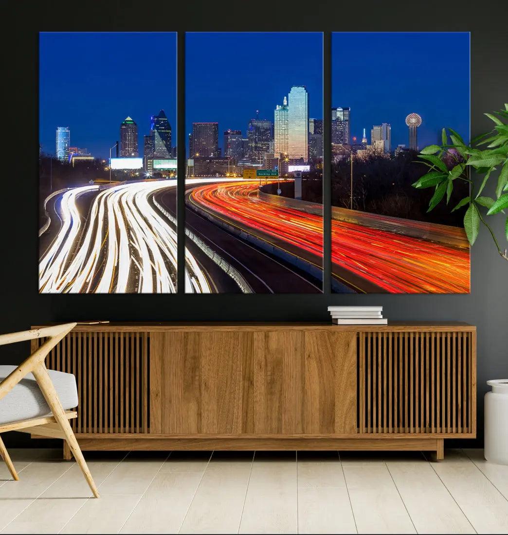 Dallas City Street Lights Cityscape Canvas Wall Art Framed Print