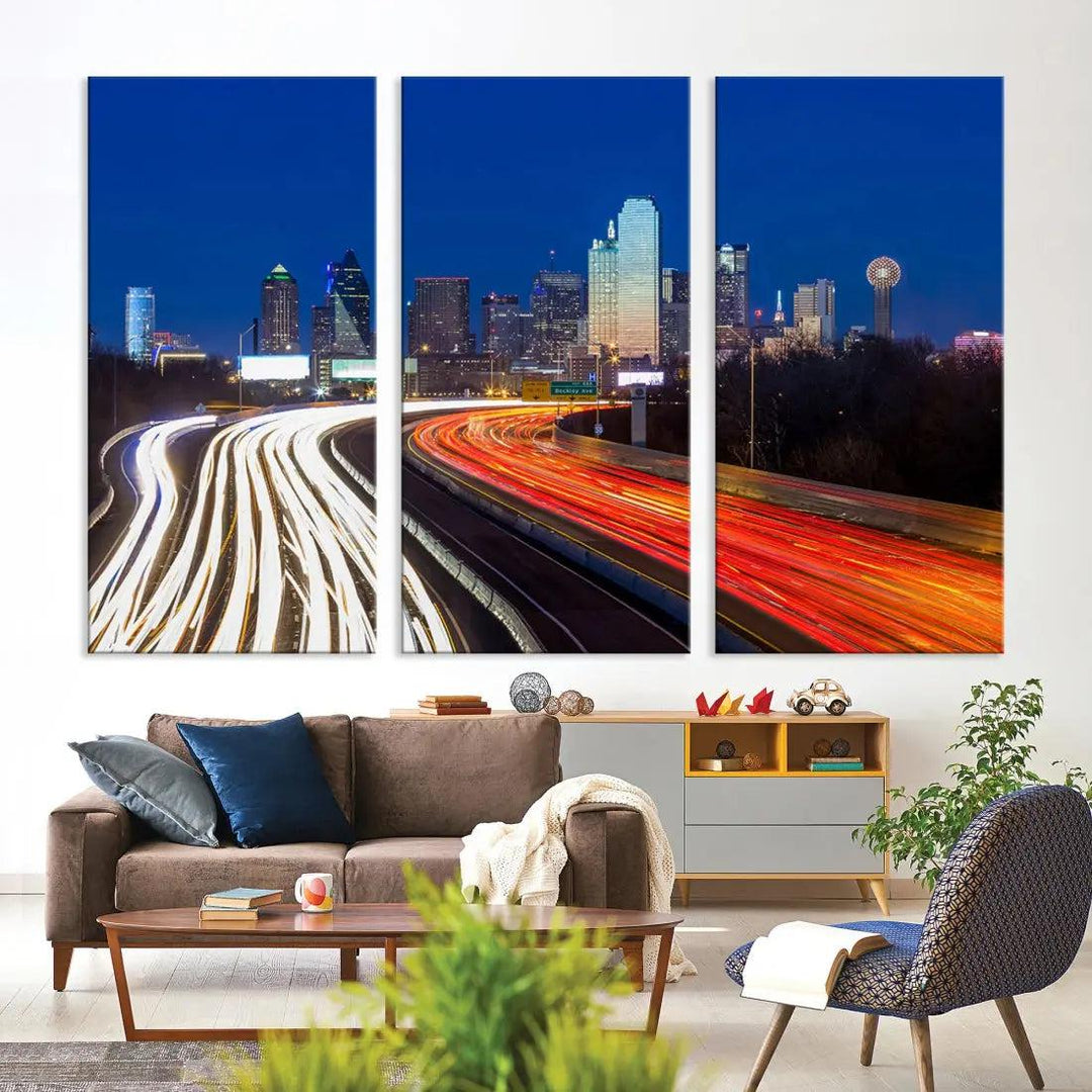 Dallas City Street Lights Cityscape Canvas Wall Art Framed Print