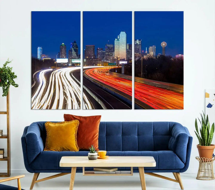 Dallas City Street Lights Cityscape Canvas Wall Art Framed Print