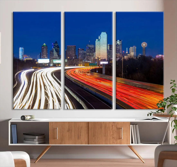 Dallas City Street Lights Cityscape Canvas Wall Art Framed Print