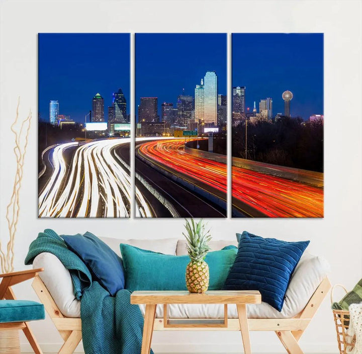 Dallas City Street Lights Cityscape Canvas Wall Art Framed Print