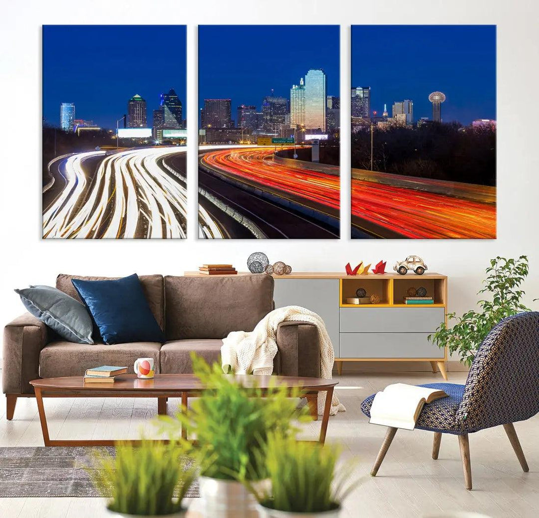 Dallas City Street Lights Cityscape Canvas Wall Art Framed Print