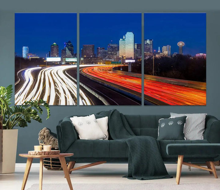 Dallas City Street Lights Cityscape Canvas Wall Art Framed Print