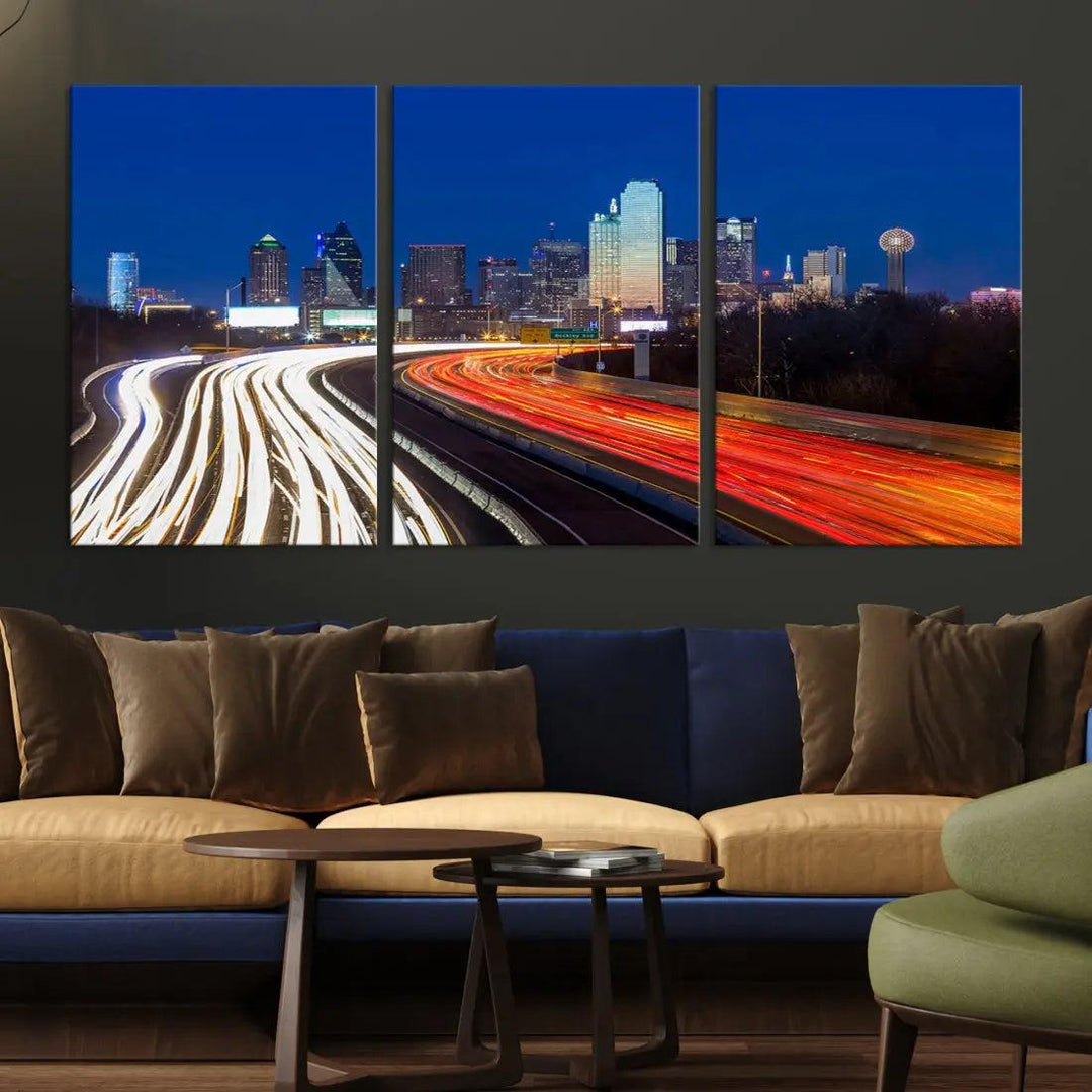 Dallas City Street Lights Cityscape Canvas Wall Art Framed Print