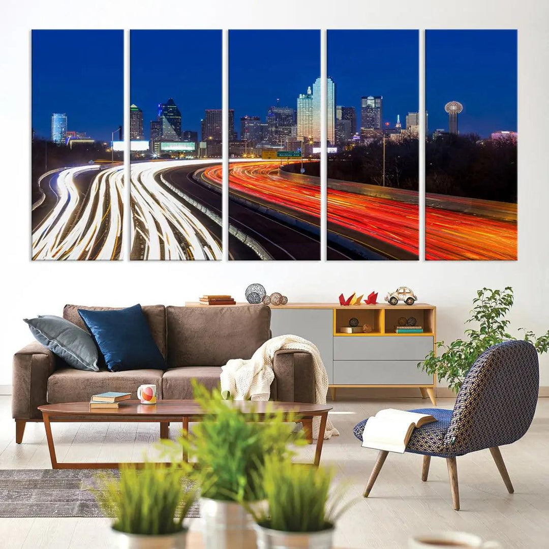 Dallas City Street Lights Cityscape Canvas Wall Art Framed Print