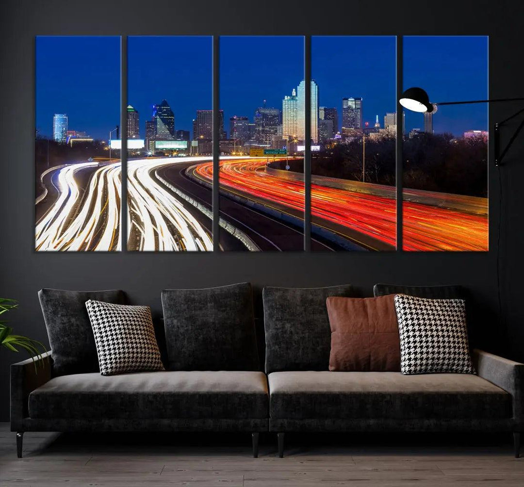 Dallas City Street Lights Cityscape Canvas Wall Art Framed Print