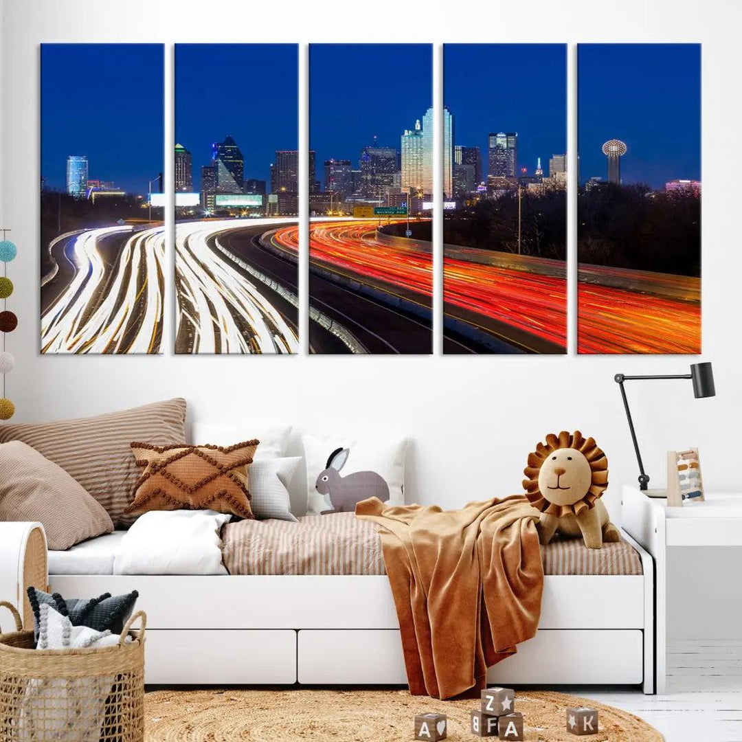 Dallas City Street Lights Cityscape Canvas Wall Art Framed Print