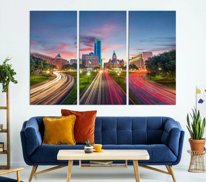 Dallas City Street Lights Sunset Skyline Print Cityscape Canvas Wall Decor