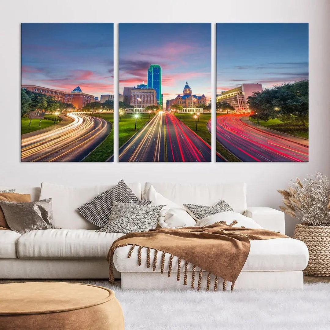 Dallas City Street Lights Sunset Skyline Print Cityscape Canvas Wall Decor