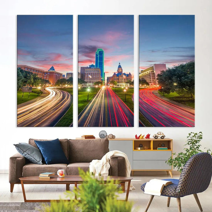 Dallas City Street Lights Sunset Skyline Print Cityscape Canvas Wall Decor