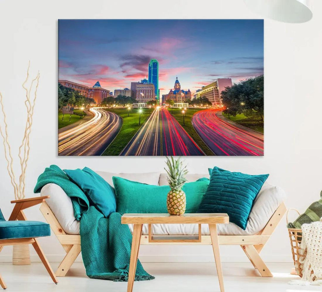 Dallas City Street Lights Sunset Skyline Print Cityscape Canvas Wall Decor