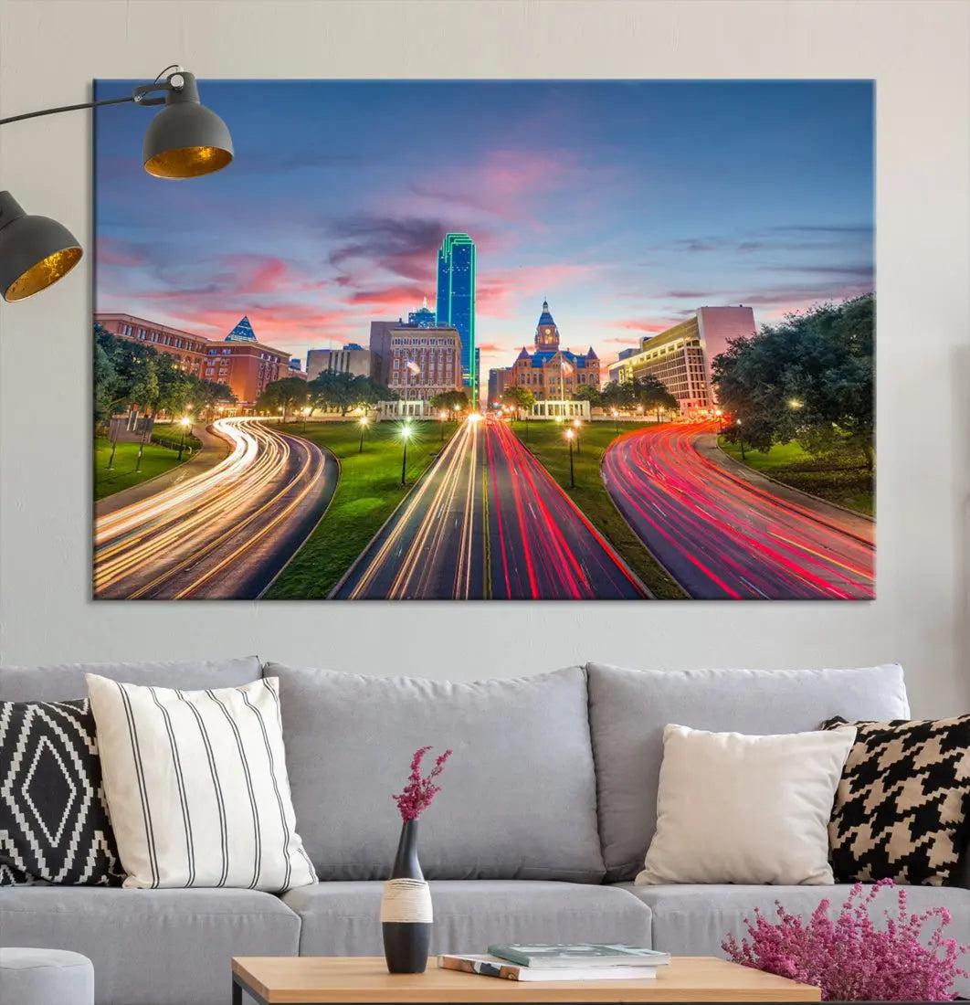 Dallas City Street Lights Sunset Skyline Print Cityscape Canvas Wall Decor