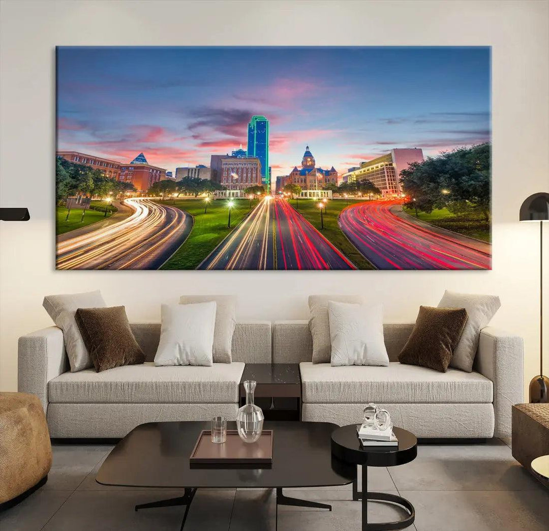 Dallas City Street Lights Sunset Skyline Print Cityscape Canvas Wall Decor