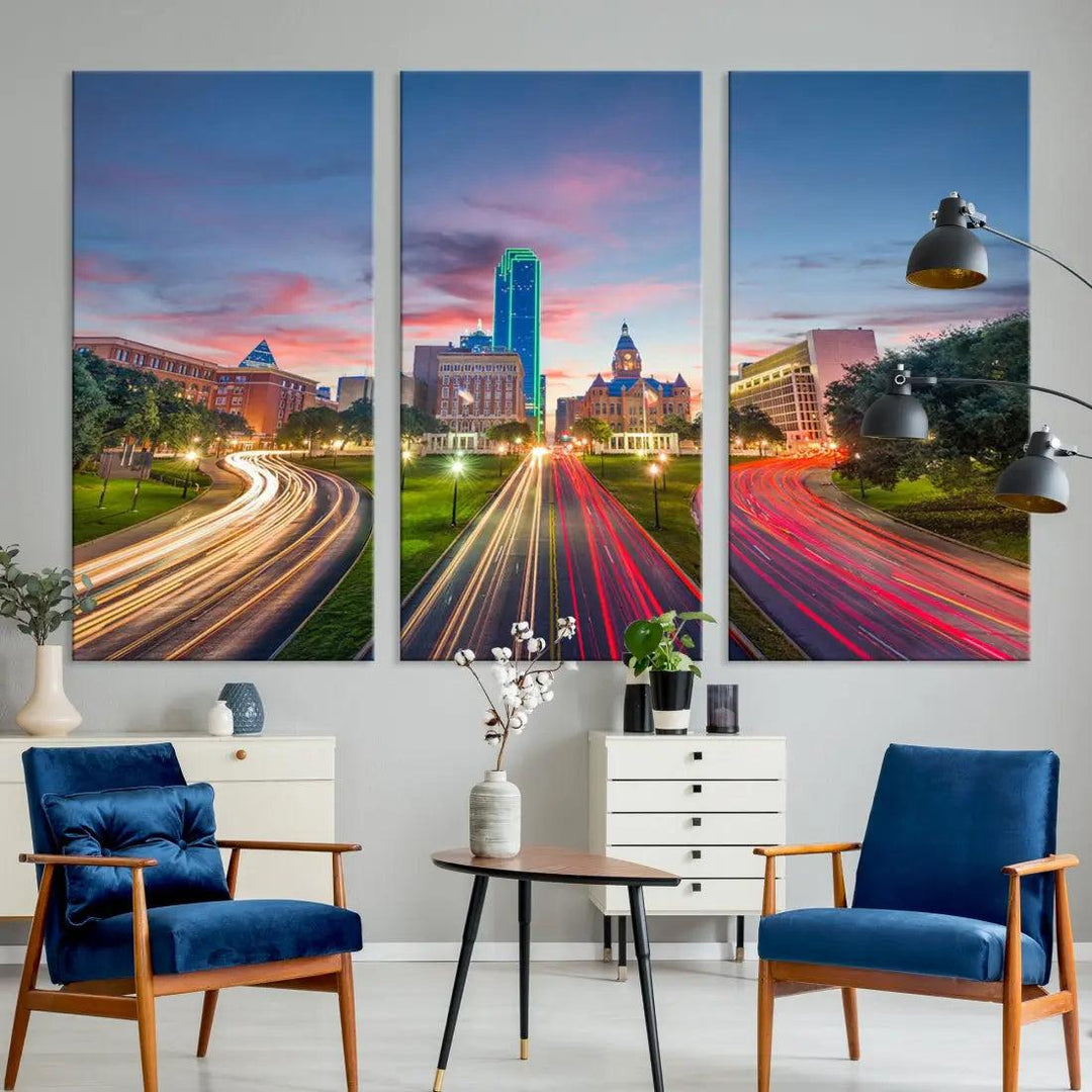 Dallas City Street Lights Sunset Skyline Print Cityscape Canvas Wall Decor