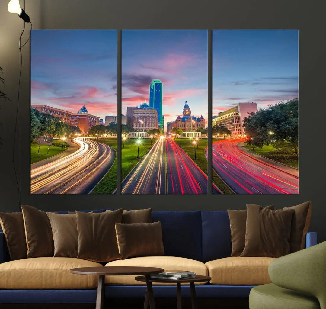 Dallas City Street Lights Sunset Skyline Print Cityscape Canvas Wall Decor