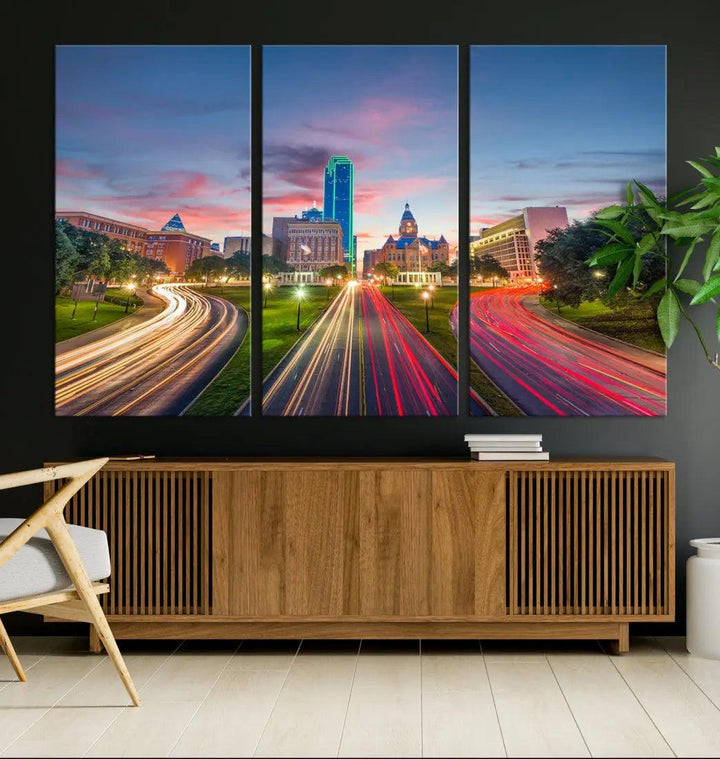 Dallas City Street Lights Sunset Skyline Print Cityscape Canvas Wall Decor