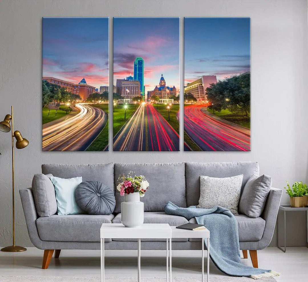 Dallas City Street Lights Sunset Skyline Print Cityscape Canvas Wall Decor