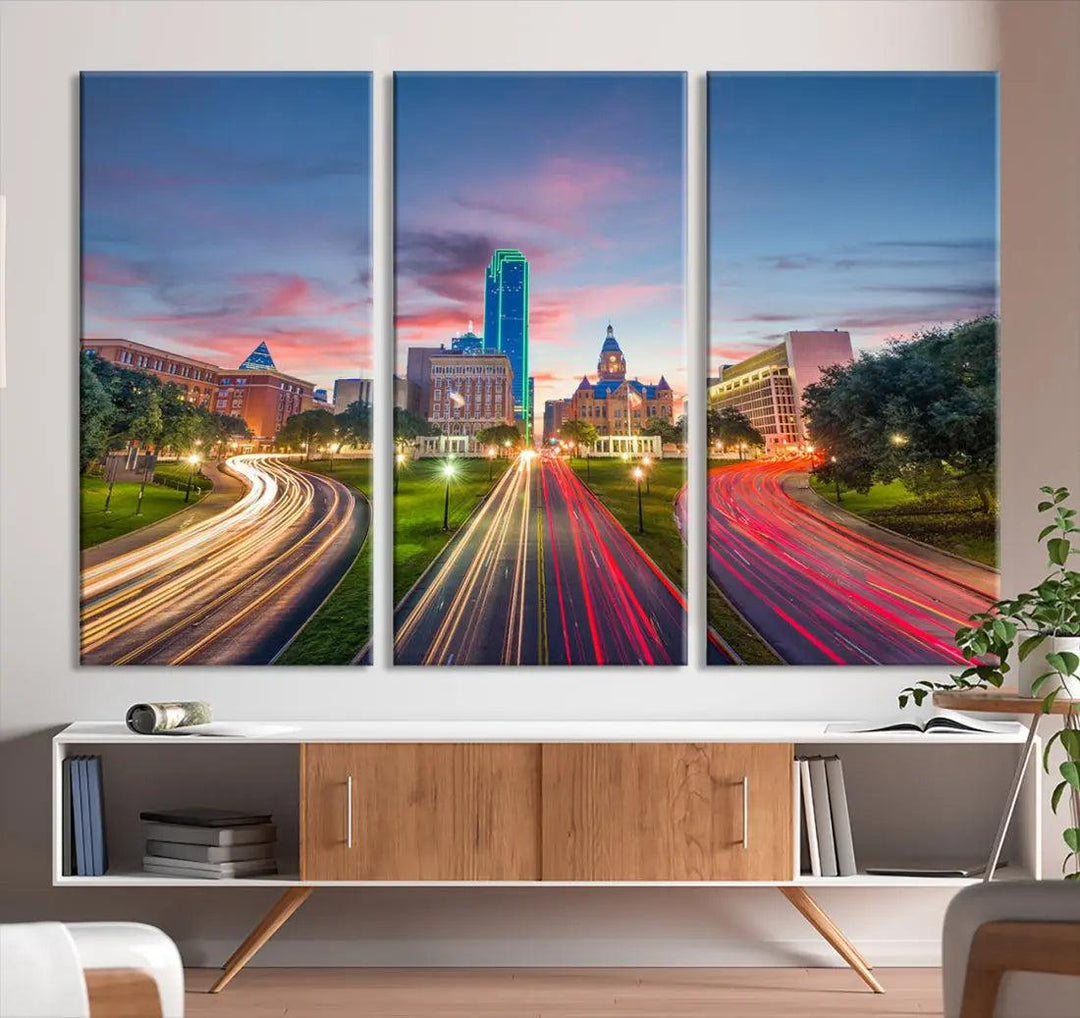 Dallas City Street Lights Sunset Skyline Print Cityscape Canvas Wall Decor