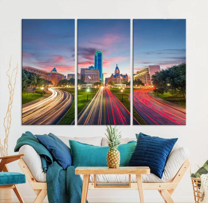 Dallas City Street Lights Sunset Skyline Print Cityscape Canvas Wall Decor