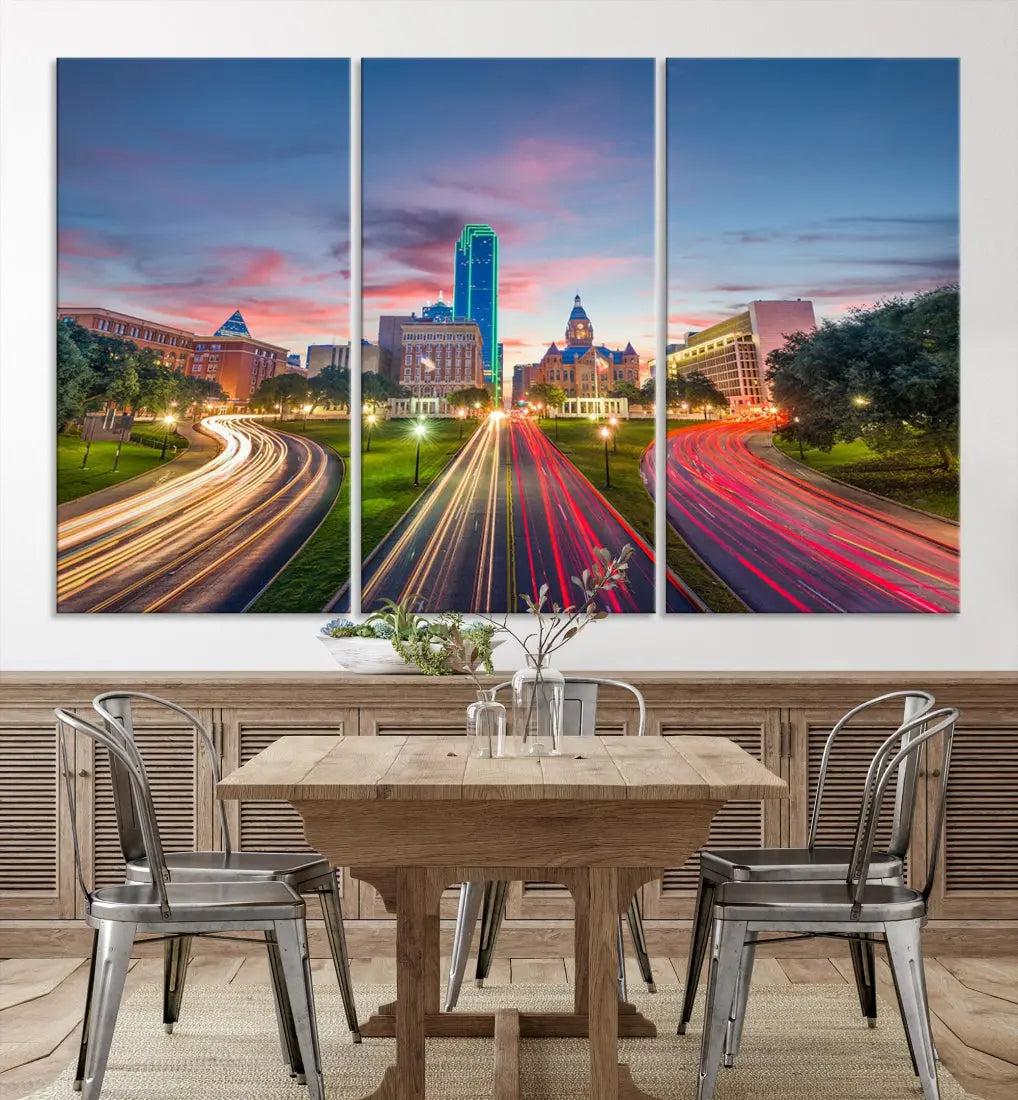 Dallas City Street Lights Sunset Skyline Print Cityscape Canvas Wall Decor