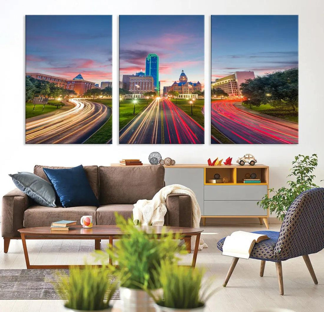 Dallas City Street Lights Sunset Skyline Print Cityscape Canvas Wall Decor