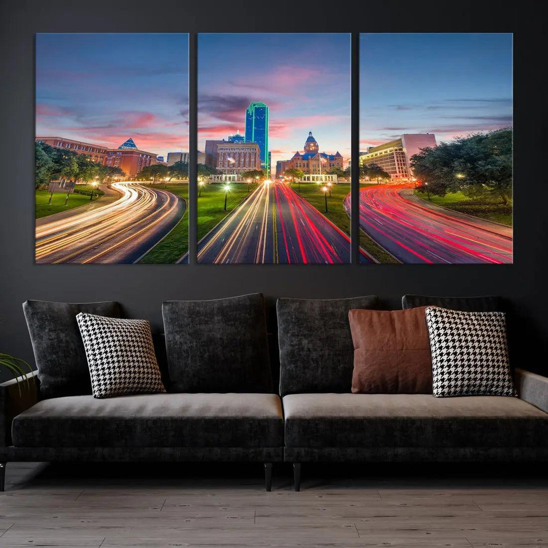 Dallas City Street Lights Sunset Skyline Print Cityscape Canvas Wall Decor