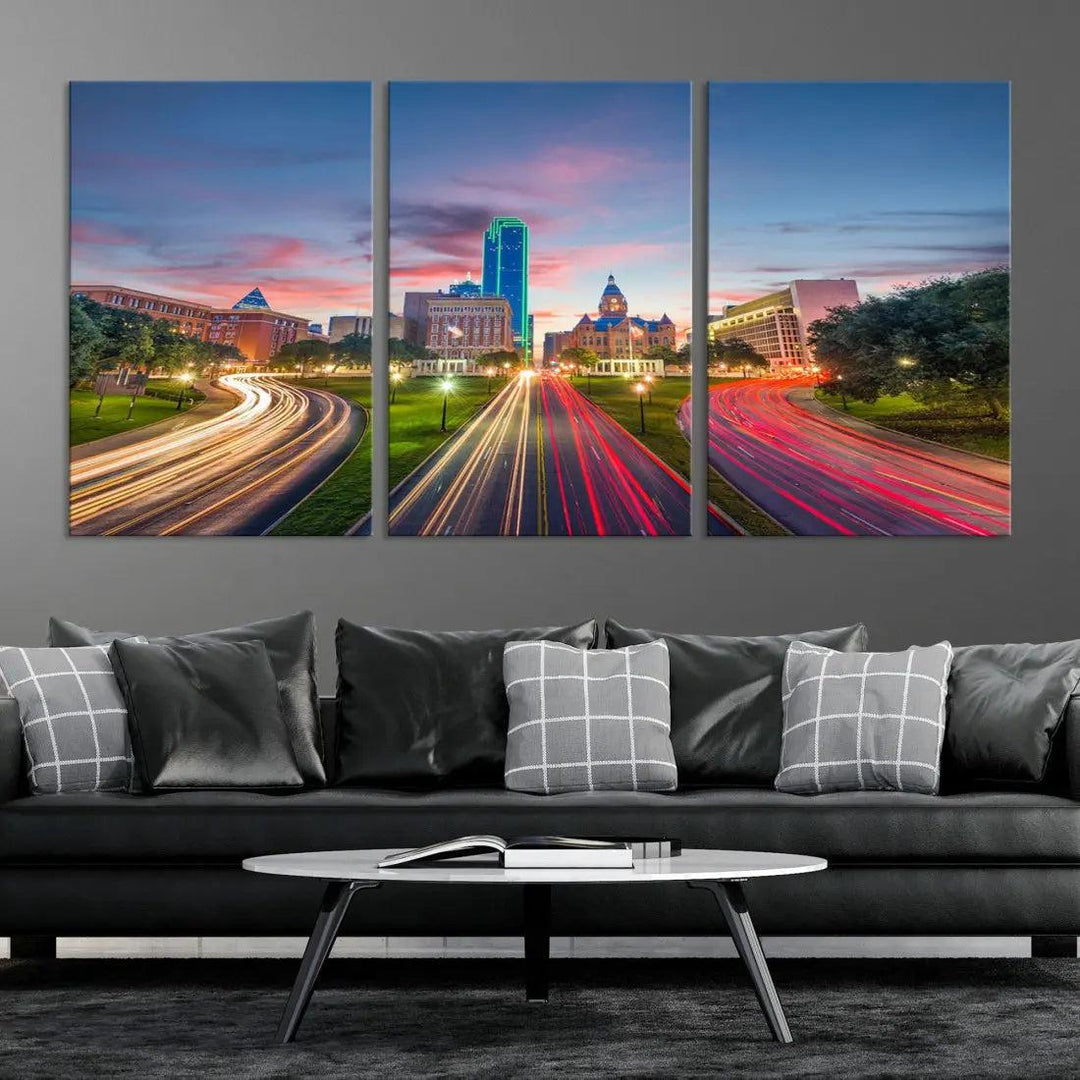 Dallas City Street Lights Sunset Skyline Print Cityscape Canvas Wall Decor